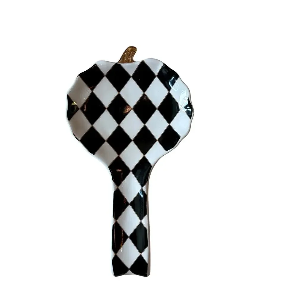Black & White Harlequin Pumpkin Spoon Rest 10in Ceramic Checkered Halloween NEW